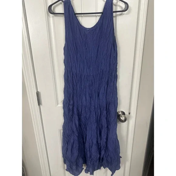 Eileen Fisher Crushed Silk Petite Sleeveless Tiered Midi Dress Periwinkle Blue - Picture 5 of 9
